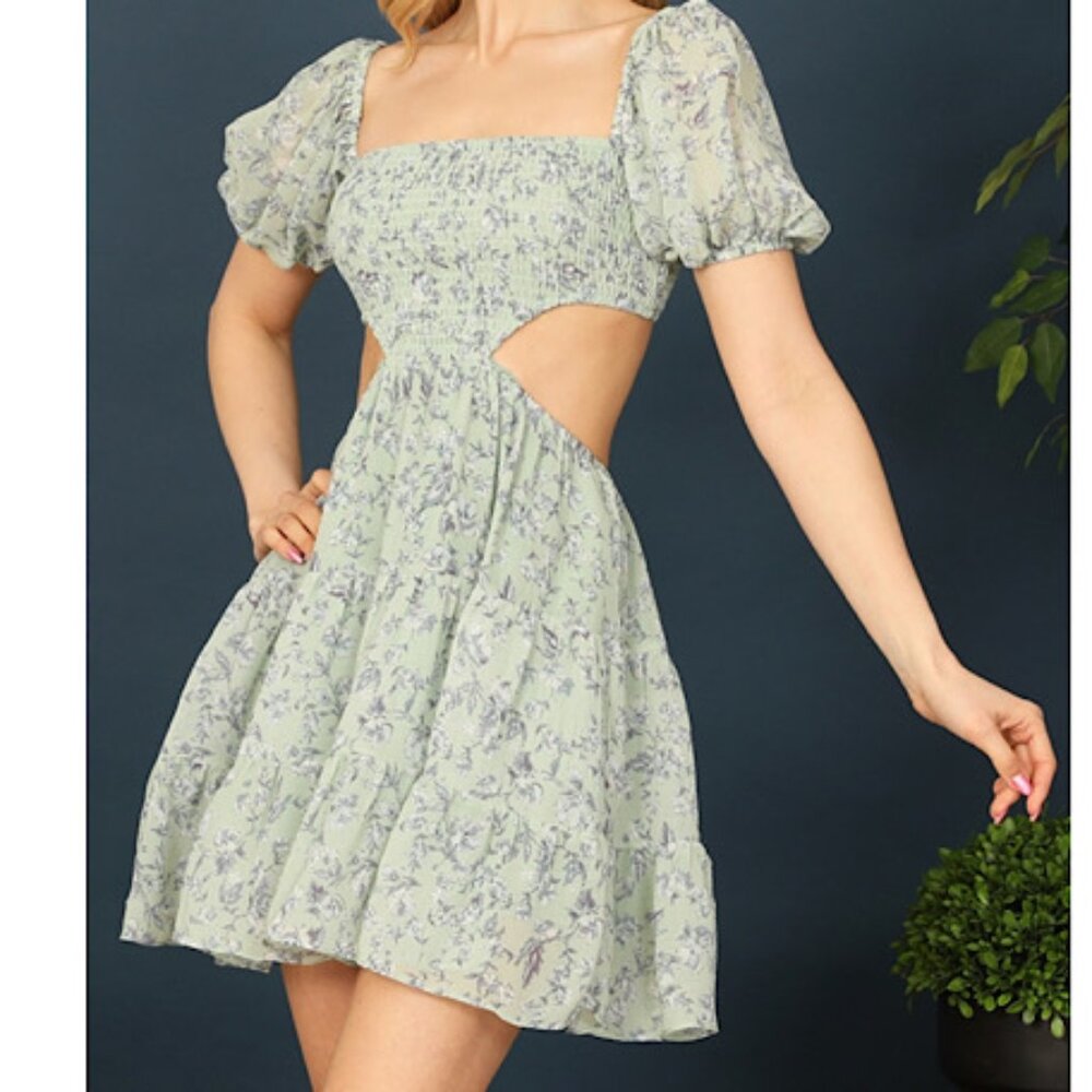 Women's Sexy Side Cut Out Puff Sleeve Floral Mini Dress..  Bohemian Y2K Summer